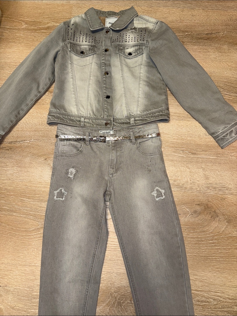 Mayoral girls grey fleece lined denim jacket and matching jeans size 9 NWOT